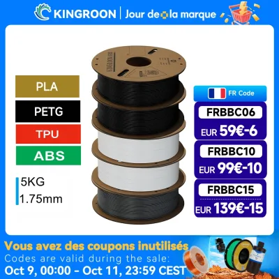 Filament 3D PLA 1,75 mm, lot de 5 bobines